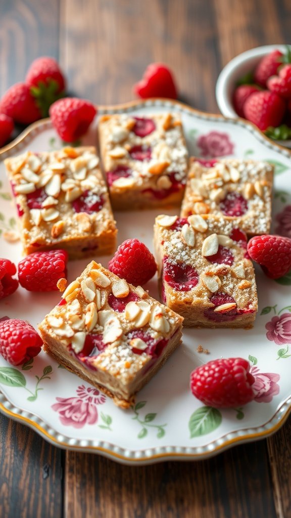 Delicious raspberry almond bars arranged on a decorative plate with fresh raspberries around them.