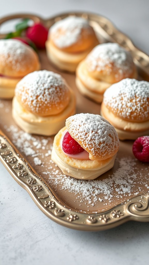 Raspberry cream puffs on a decorative tray with powdered sugar.