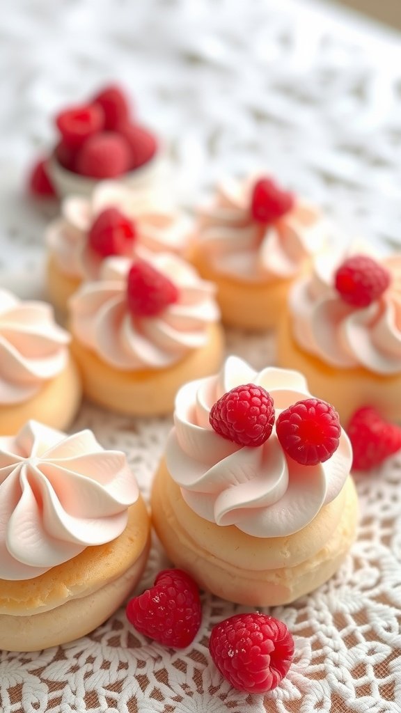 Delicious raspberry cream puffs decorated with whipped cream and fresh raspberries, perfect for wedding desserts.