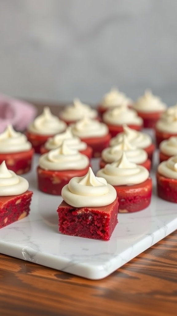 Plate of red velvet cake bites topped with cream cheese frosting.