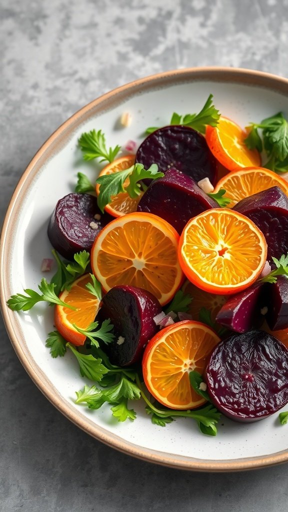 A colorful Roasted Beet and Citrus Salad with slices of oranges and beets garnished with fresh parsley.