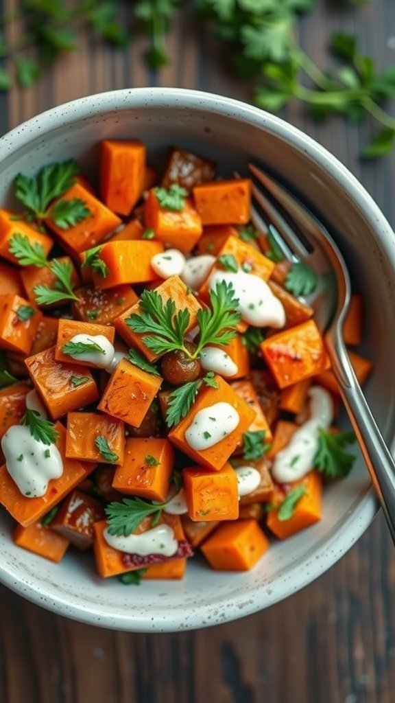 A vibrant roasted carrot and tahini salad topped with parsley and drizzled with sauce.