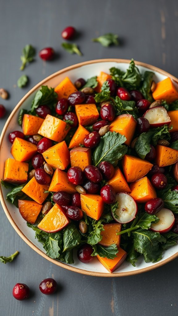 A vibrant roasted sweet potato salad with kale, cranberries, and pumpkin seeds.