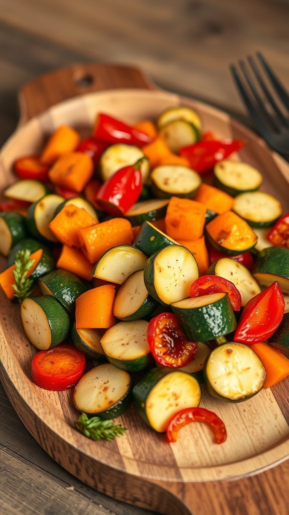 Colorful roasted vegetable salad with zucchini, bell peppers, and cherry tomatoes.