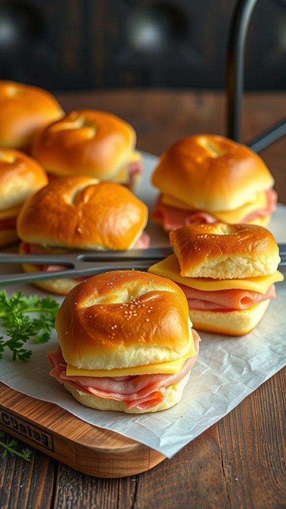 Savory ham and cheese puff pastry sliders on a wooden board
