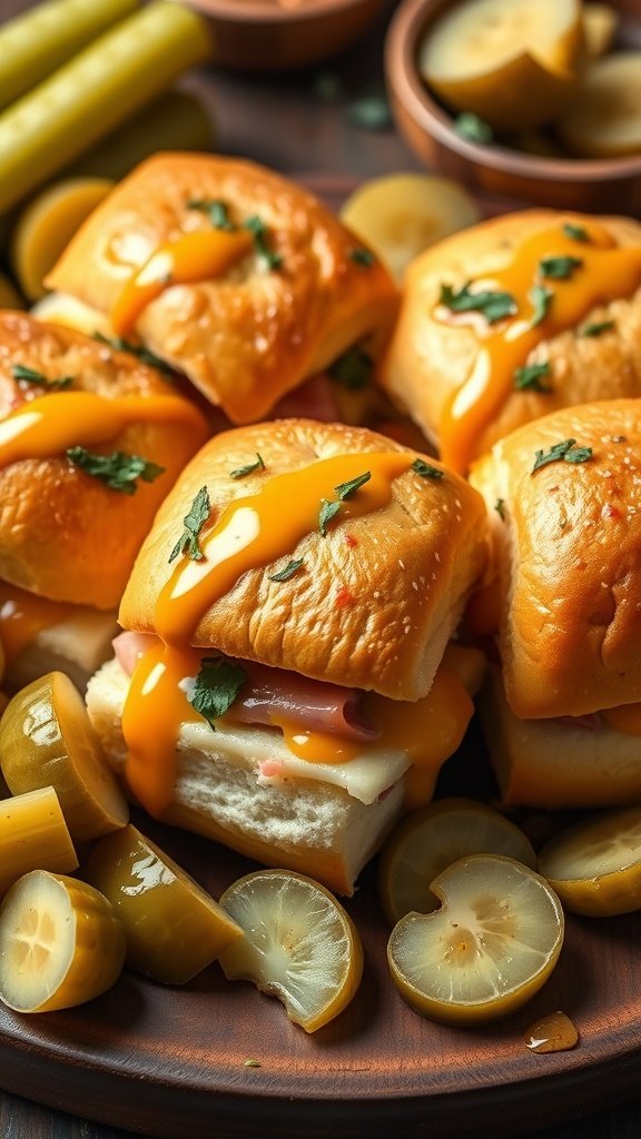 Savory ham and cheese sliders with honey mustard glaze, served with pickles on the side.