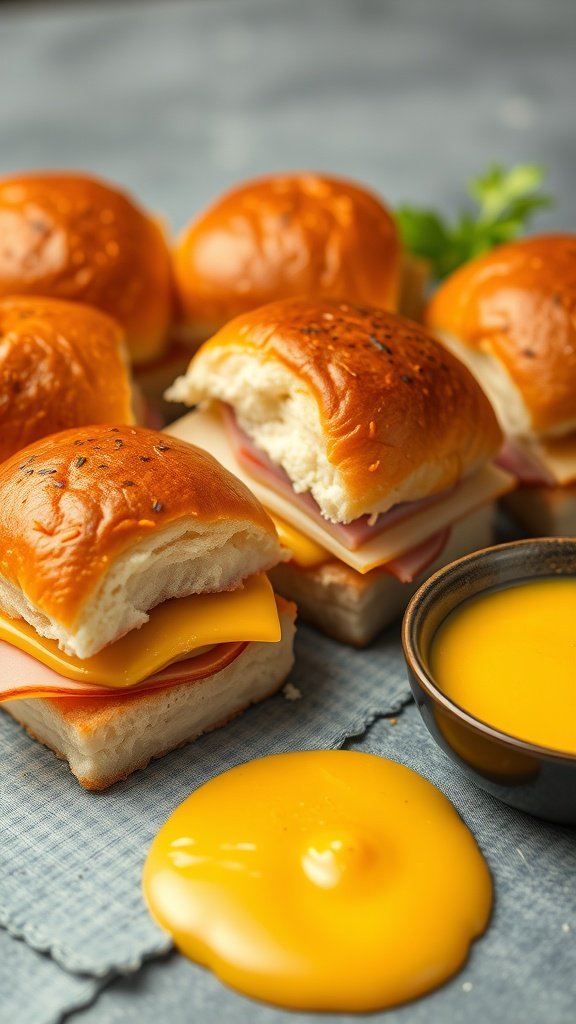 Delicious ham and cheese sliders with a honey mustard dipping sauce.