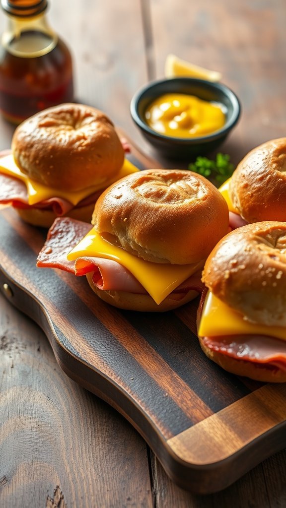 Delicious smoked ham and gouda sliders served on a wooden board.