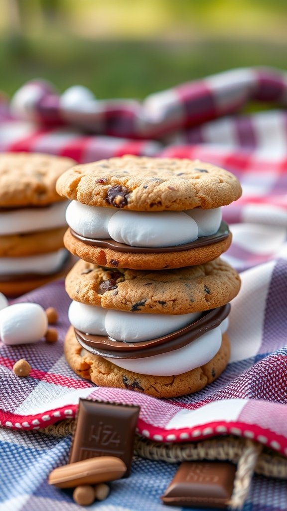 S'mores inspired cookies stacked with marshmallows and chocolate