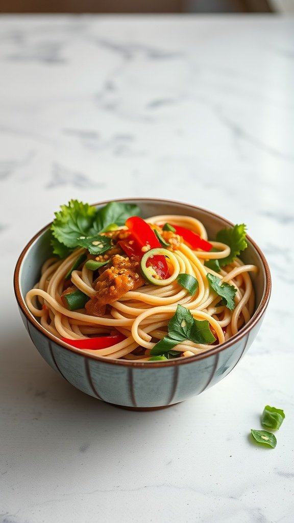 A bowl of soba noodle salad topped with fresh vegetables and peanut dressing.