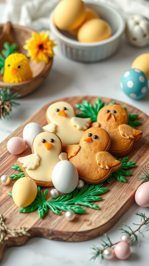 Soft gingerbread cookies shaped like Easter chicks and eggs on a wooden board