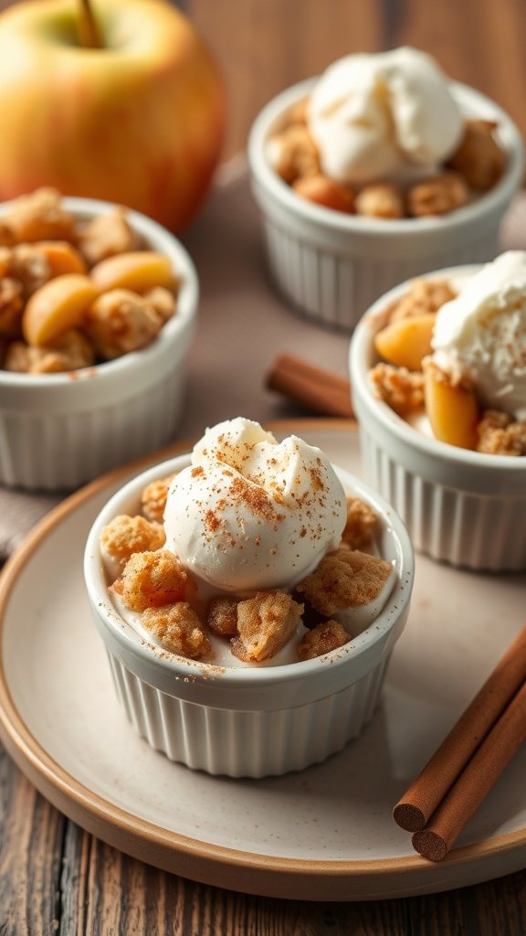 Spiced Apple Crisp Bites served in ramekins with a crispy topping and garnished with whipped cream