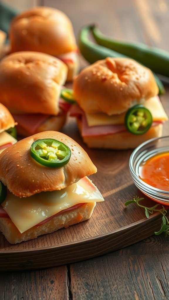 Spicy jalapeño ham sliders on a wooden platter