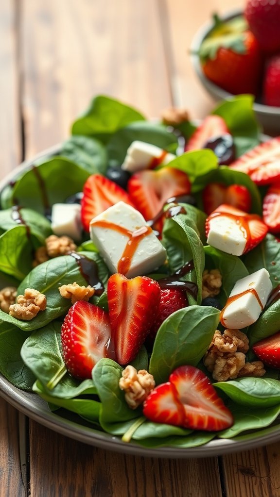 A colorful Spinach Strawberry Salad with strawberries, feta cheese, walnuts, and spinach.