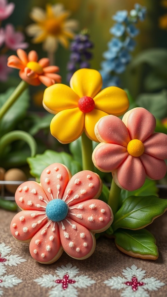 Colorful spring flower cookies decorated with edible glitter