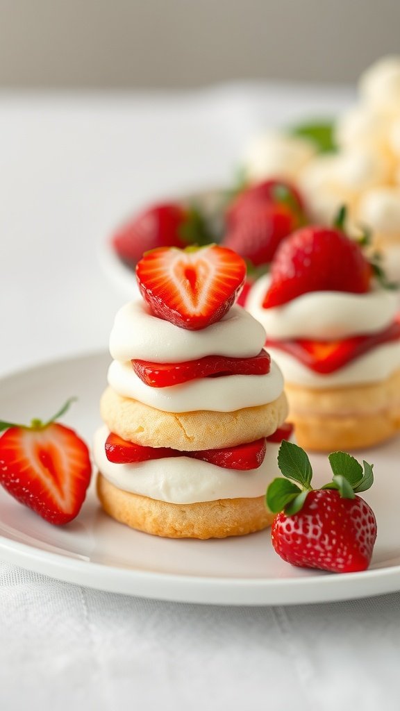 Delicious strawberry shortcake bites stacked with whipped cream and fresh strawberries.
