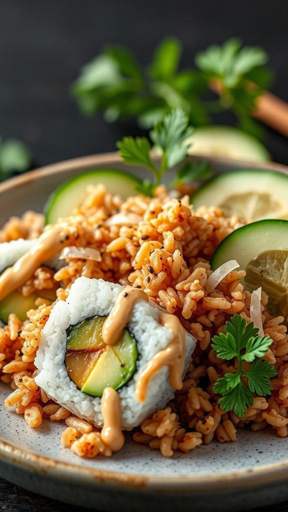 A bowl of sushi salad with brown rice, featuring sliced cucumber, avocado, grated carrot, and drizzled sauce.