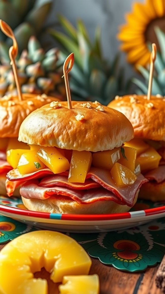 Sweet and sour ham sliders with pineapple and cheese on a plate