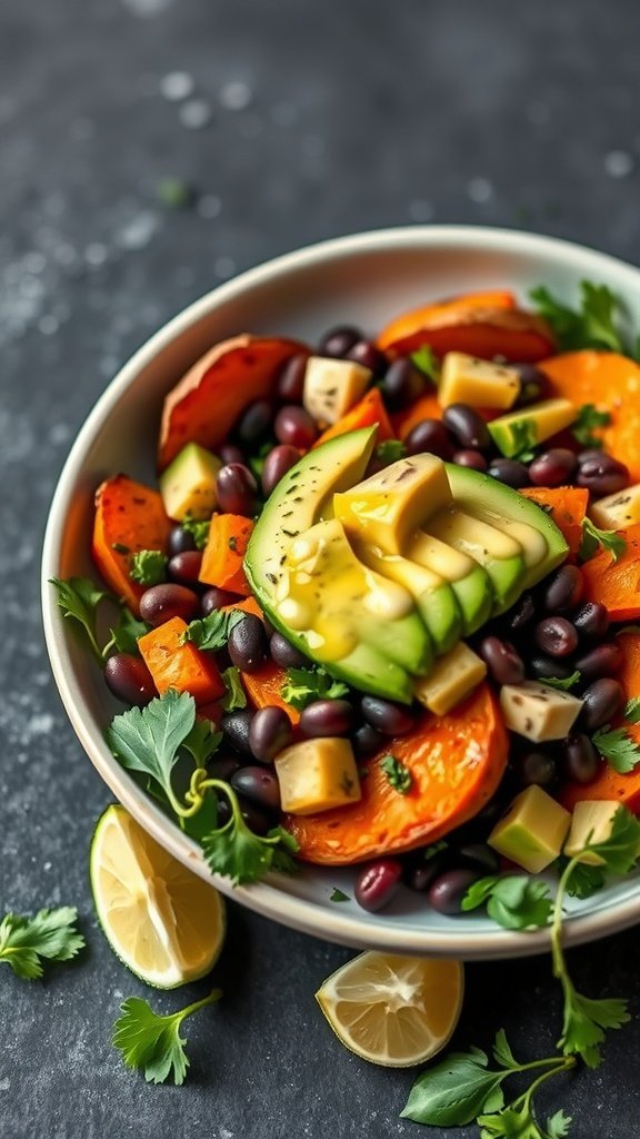 A colorful bowl of Sweet Potato and Black Bean Salad with lime and cilantro.