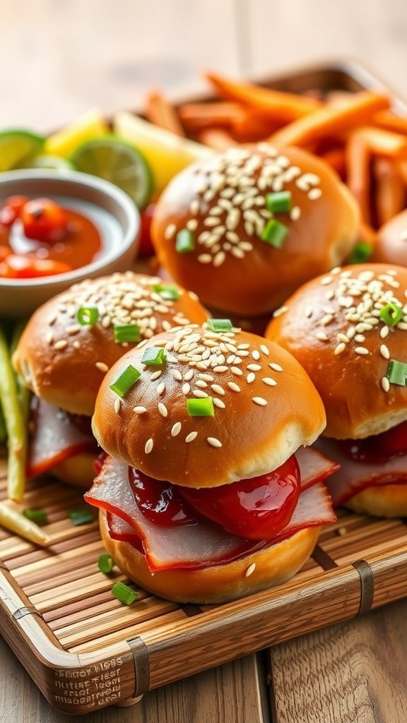 Delicious teriyaki glazed ham sliders served on a wooden tray.