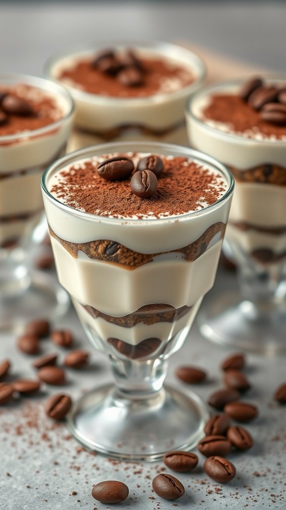 Tiramisu cups with cocoa dusting and coffee beans on top.