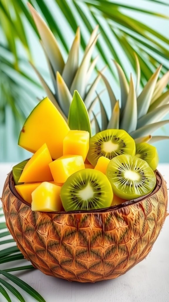 A vibrant tropical fruit salad with mango, kiwi, and pineapple, served in a coconut bowl.