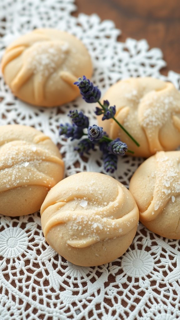 Vanilla bean cookies decorated with lavender sugar on a lace doily.