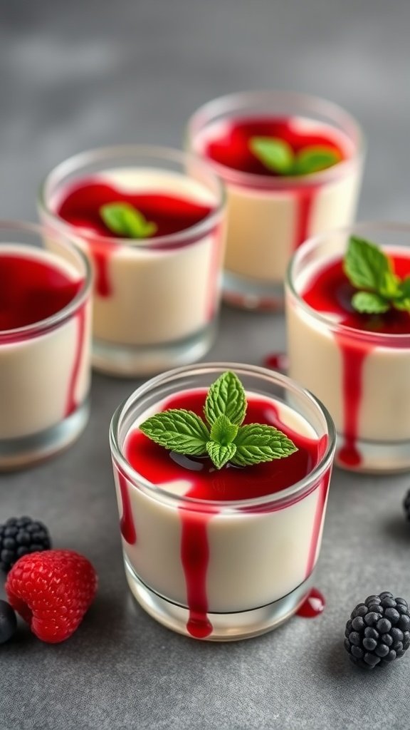 Vanilla Bean Panna Cotta topped with berry sauce and mint leaves