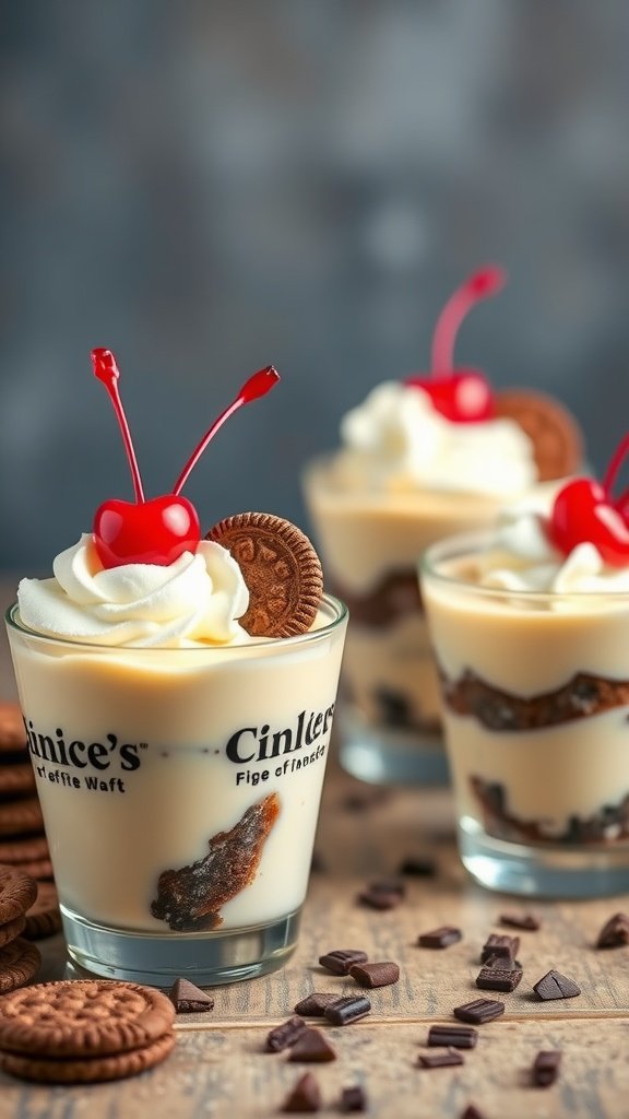 Vanilla pudding parfaits in clear cups with whipped cream, cherries, and cookies