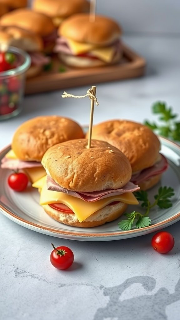 A plate of vegan ham and cheese sliders with fresh tomatoes and herbs.