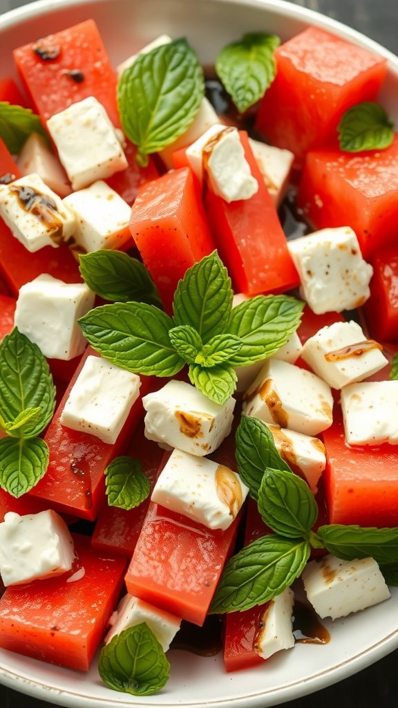 A vibrant watermelon feta salad with mint leaves and a drizzle of balsamic glaze