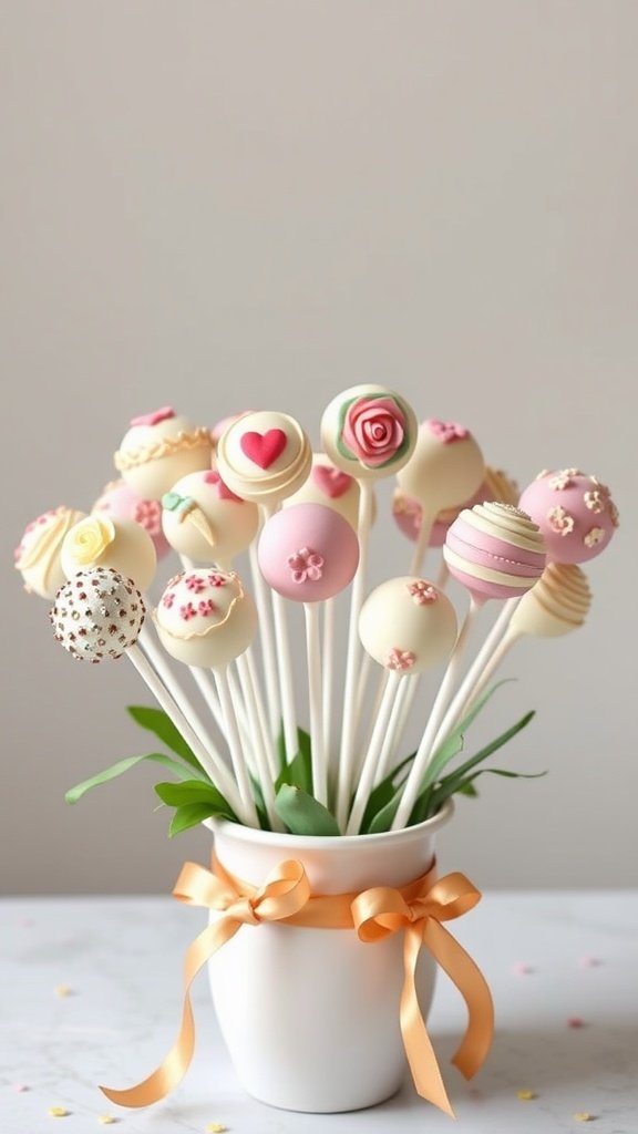 A collection of decorative cake pops in various pastel colors, arranged in a white pot with a ribbon. Mini desserts for weddings