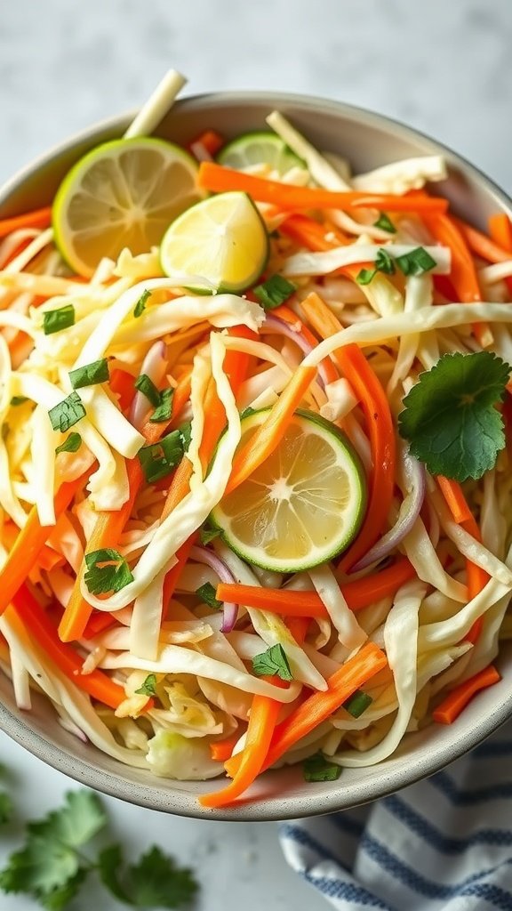 A colorful bowl of zesty lime cabbage salad with shredded cabbage, carrots, lime slices, and cilantro.