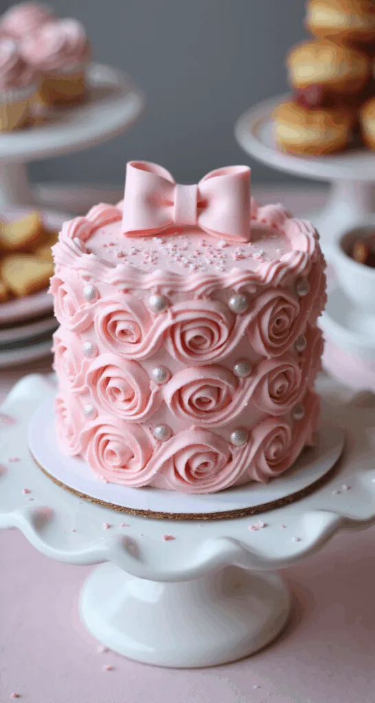 Close-up of a 4-inch pink bento cake on a white ceramic stand, featuring pink buttercream rosettes, metallic edible pearls, heart sprinkles, a fondant bow, and soft bokeh lighting with a blurred dessert table in the background.
