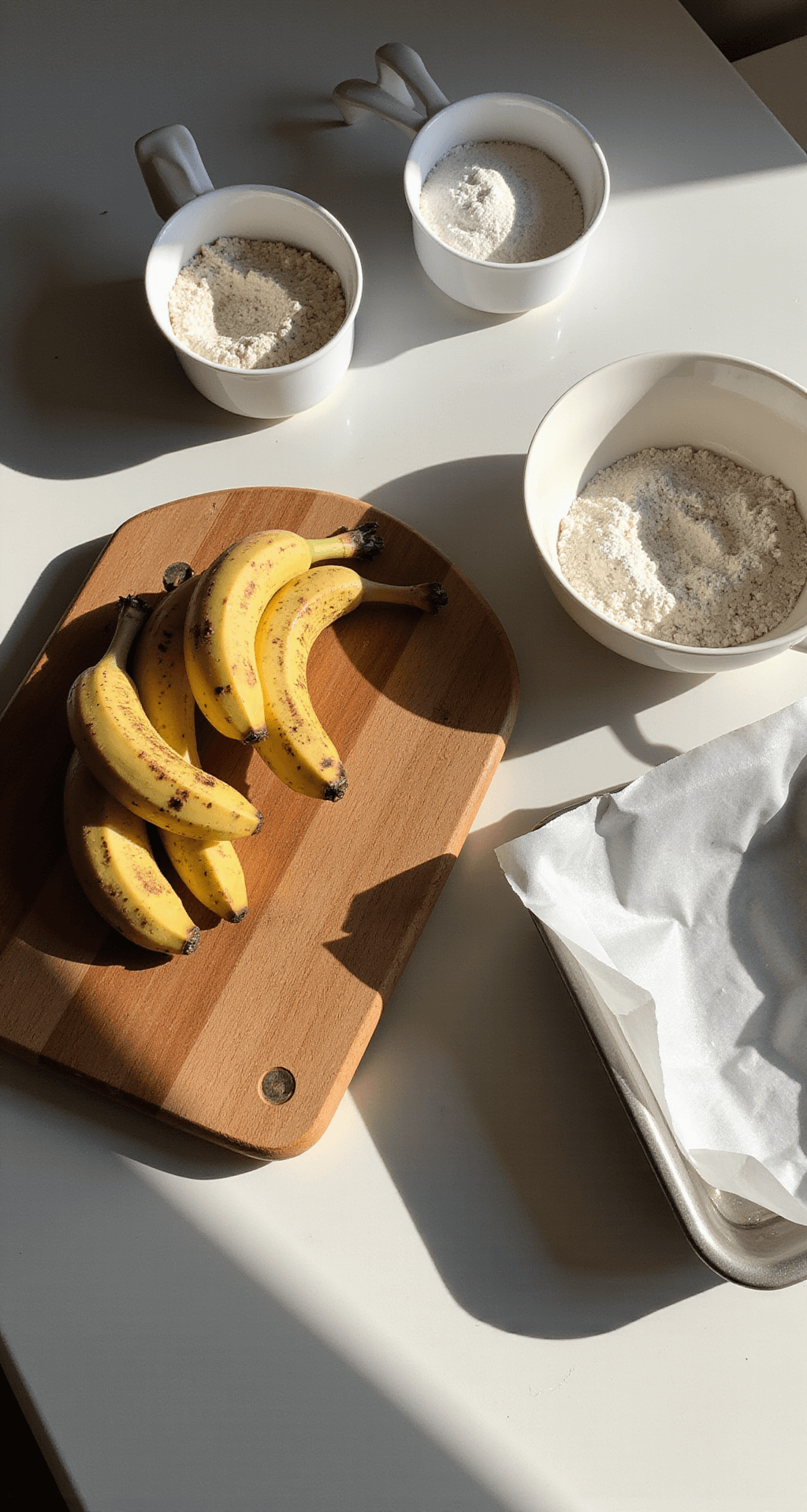 A sunlit kitchen countertop with overripe bananas on a wooden cutting board, measuring cups of flour and sugar, a vintage mixing bowl, and curling parchment paper beside a modern baking pan, all showcasing rustic textures in soft natural light.