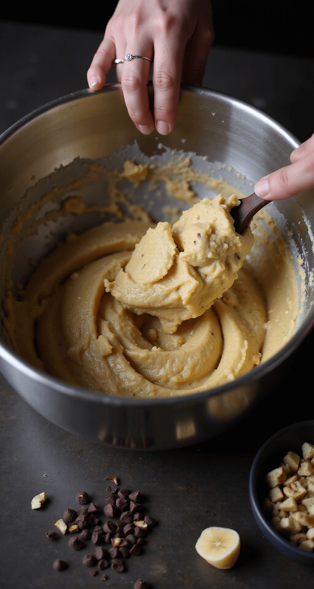 Close-up of hands folding mashed banana into creamy batter in a stainless steel bowl, showcasing a mixture of golden butter, sugar, and vanilla-speckled banana puree, with chocolate chips and chopped nuts nearby, all in moody kitchen lighting.
