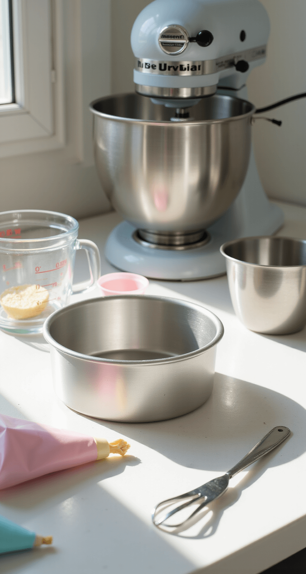 A sunlit kitchen countertop with a 4-inch round cake pan, pastel piping bags, precise measuring tools, and a professional electric mixer, all arranged in perfect order with a soft bokeh effect on stainless steel utensils and measuring cups filled with ingredients.