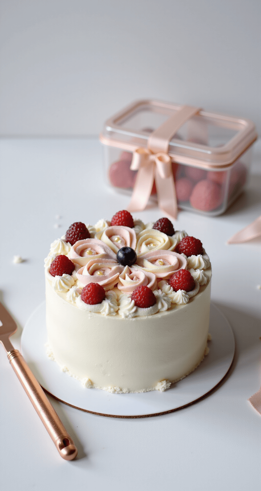 A beautifully decorated miniature bento cake with pastel buttercream rosettes, edible pearls, and fresh berries, displayed on a minimalist white surface with soft lighting, alongside a translucent lunch box tied with a silk ribbon and rose gold baking tools.