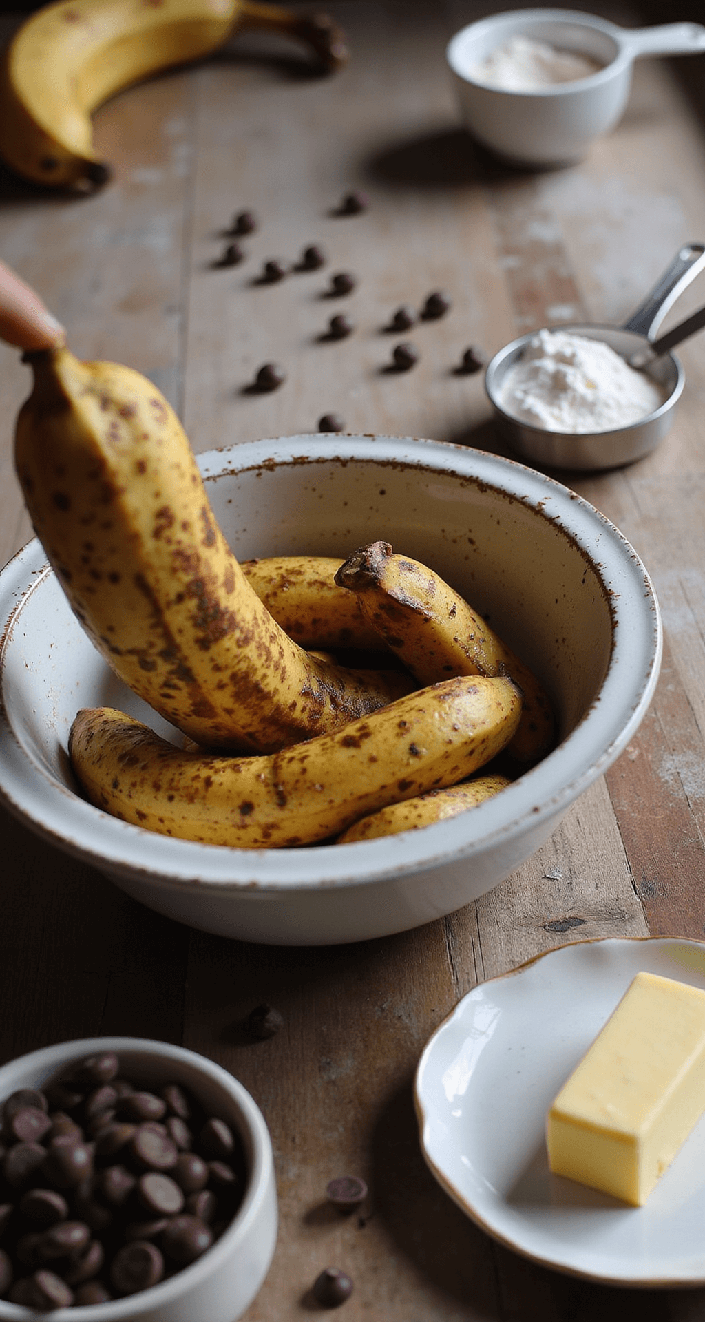Close-up of a rustic wooden countertop with overripe bananas being mashed in a vintage bowl, surrounded by chocolate chips, measuring cups of flour, and melting butter, bathed in soft natural light for a warm, inviting kitchen scene.