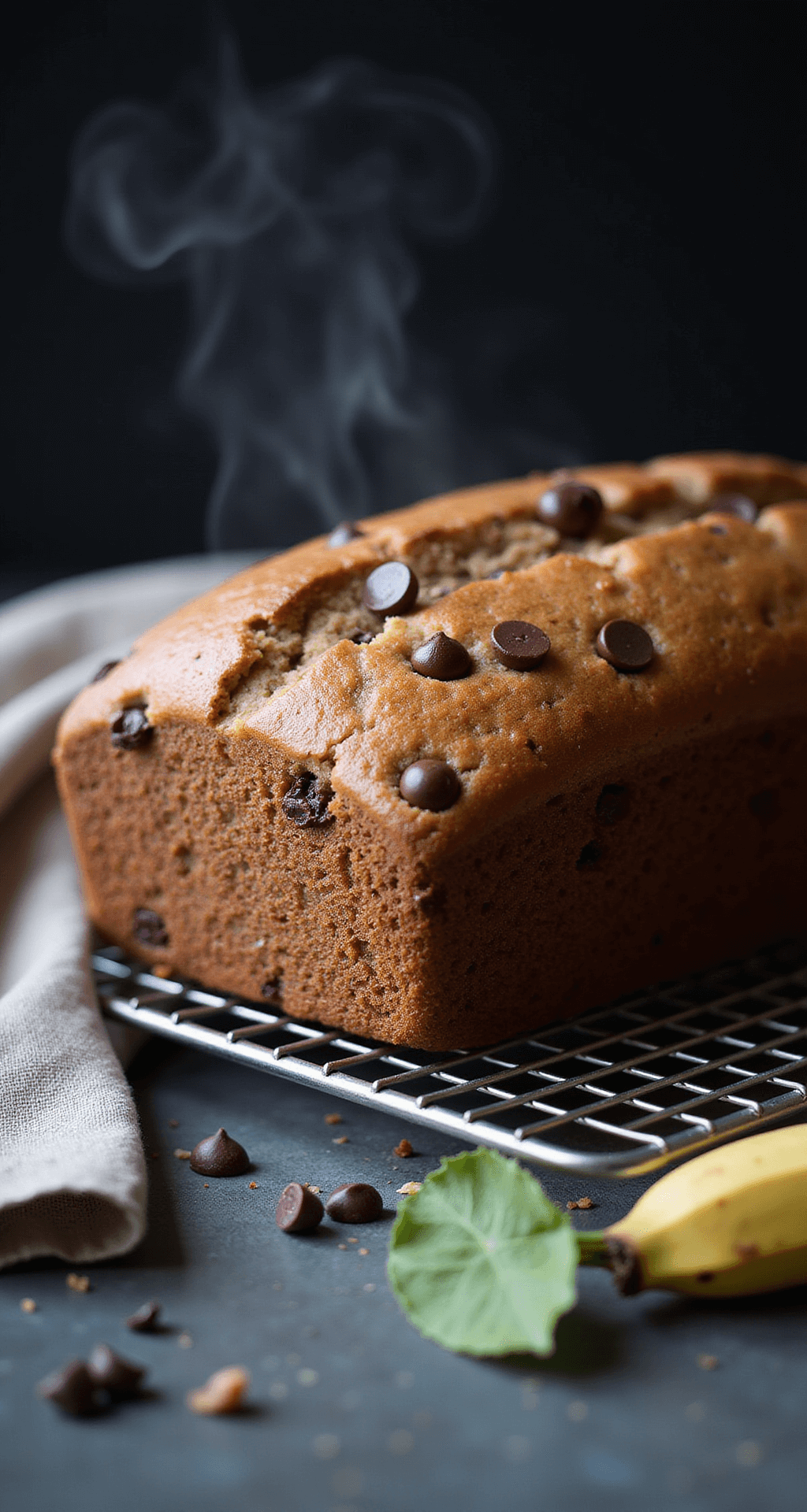 Freshly baked golden-brown chocolate chip banana bread on a wire cooling rack, with steam rising and melted chocolate chips visible on top, showcasing a moist crumb texture, complemented by rustic linen and banana leaves.