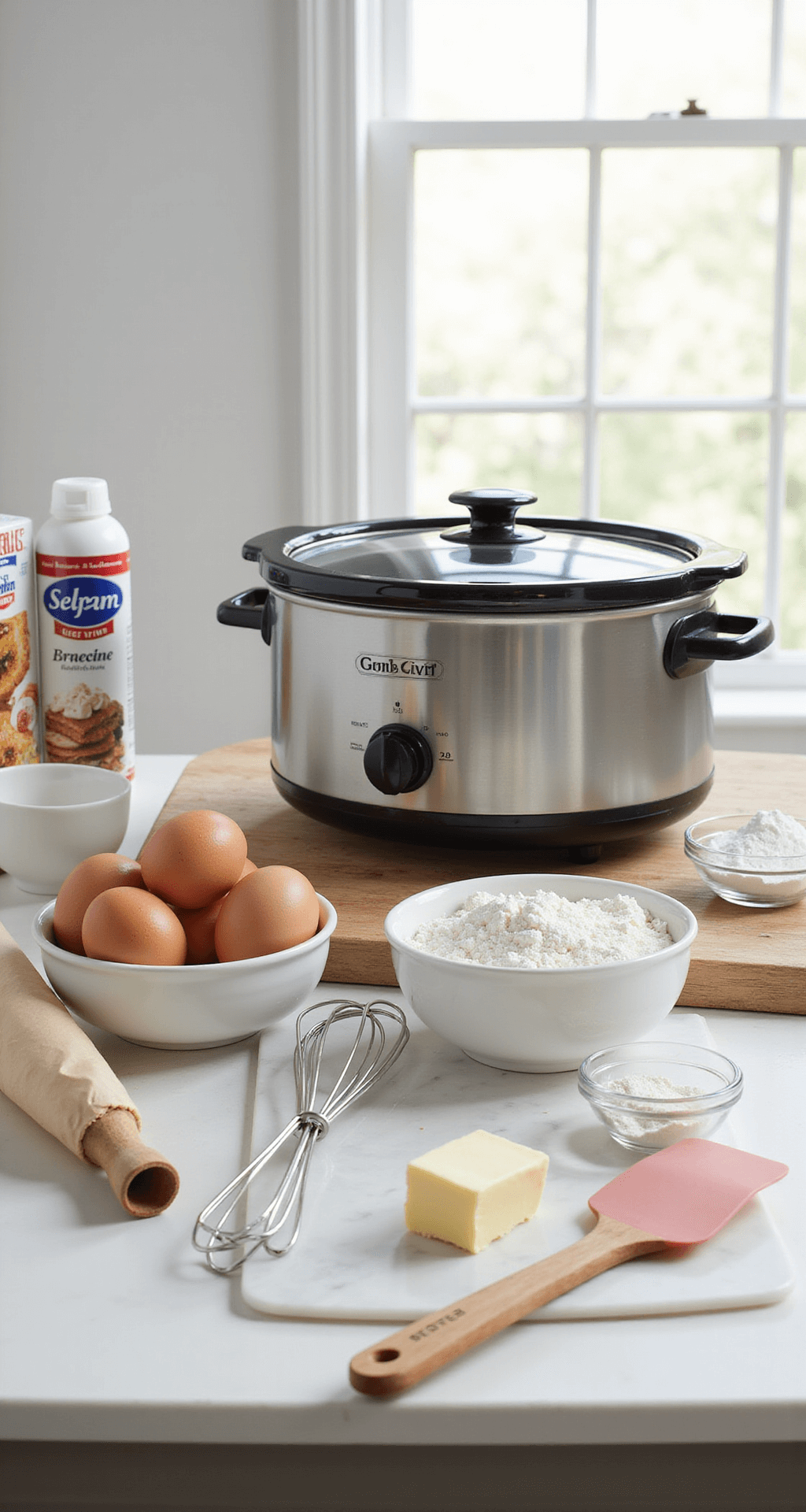 A well-lit kitchen countertop with a 7qt crockpot at the center, surrounded by baking ingredients such as cake mix, fresh eggs, flour, softened butter, parchment paper, non-stick spray, a whisk, and a rubber spatula on a marble cutting board.