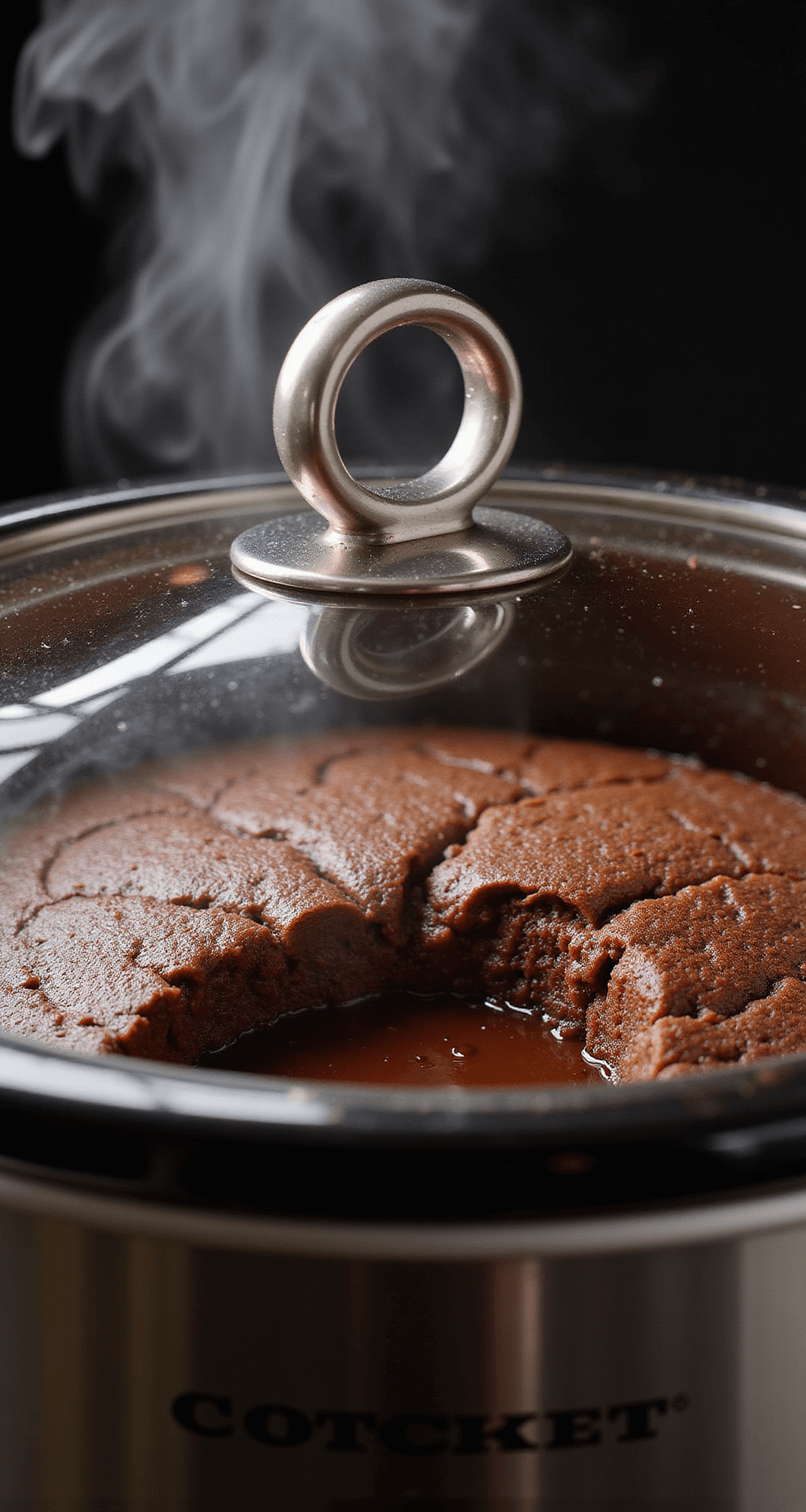 Close-up of a bubbling chocolate lava cake in a crockpot, with steam rising against a dark background, showcasing its rich texture and molten chocolate edges, and condensation on a glass lid.