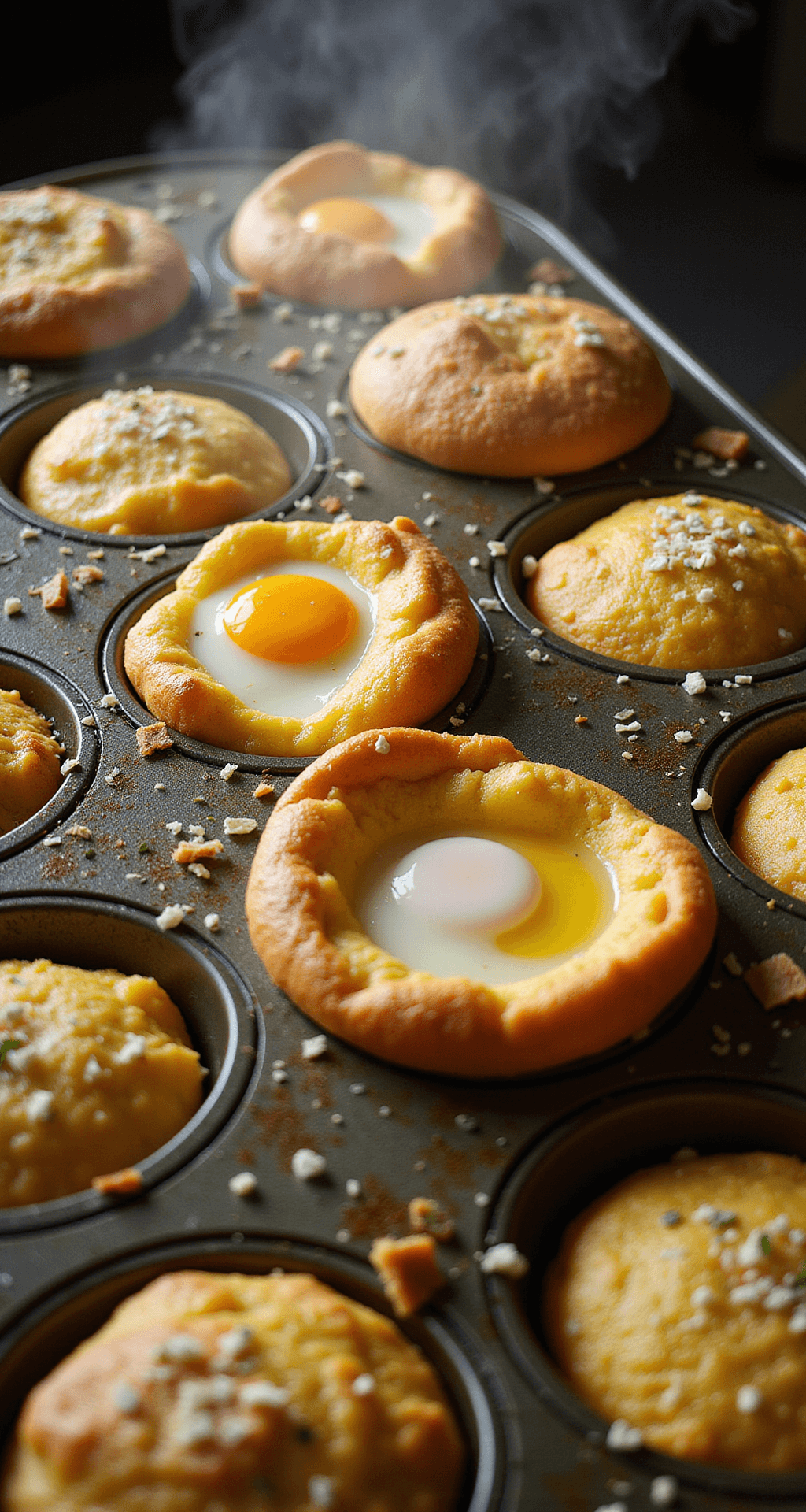 Overhead view of egg bread in muffin tin, with centered yolks, herbs, cheese, and steam from below.