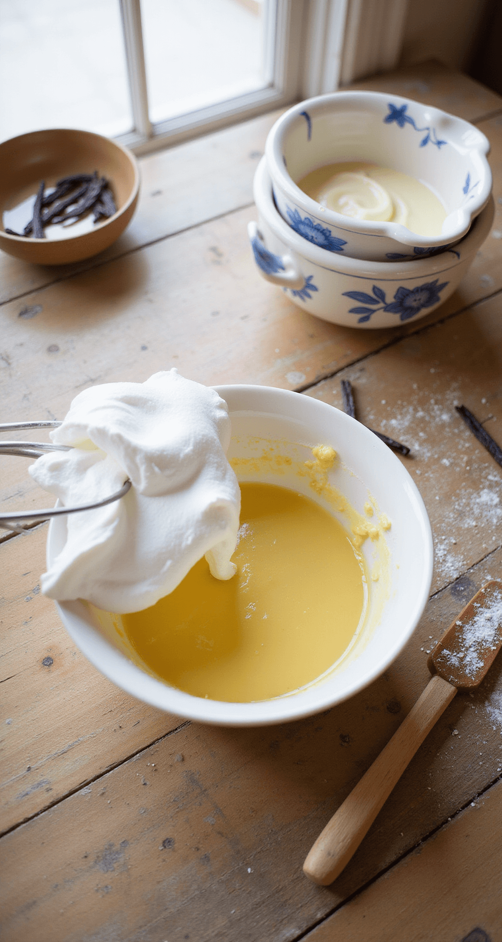 Close-up of cloud-like meringue being folded into golden cake batter, illuminated by soft natural light. Vintage ceramic bowls and a flour-dusted spatula are arranged on a rustic wooden countertop, enhancing the warm atmosphere.