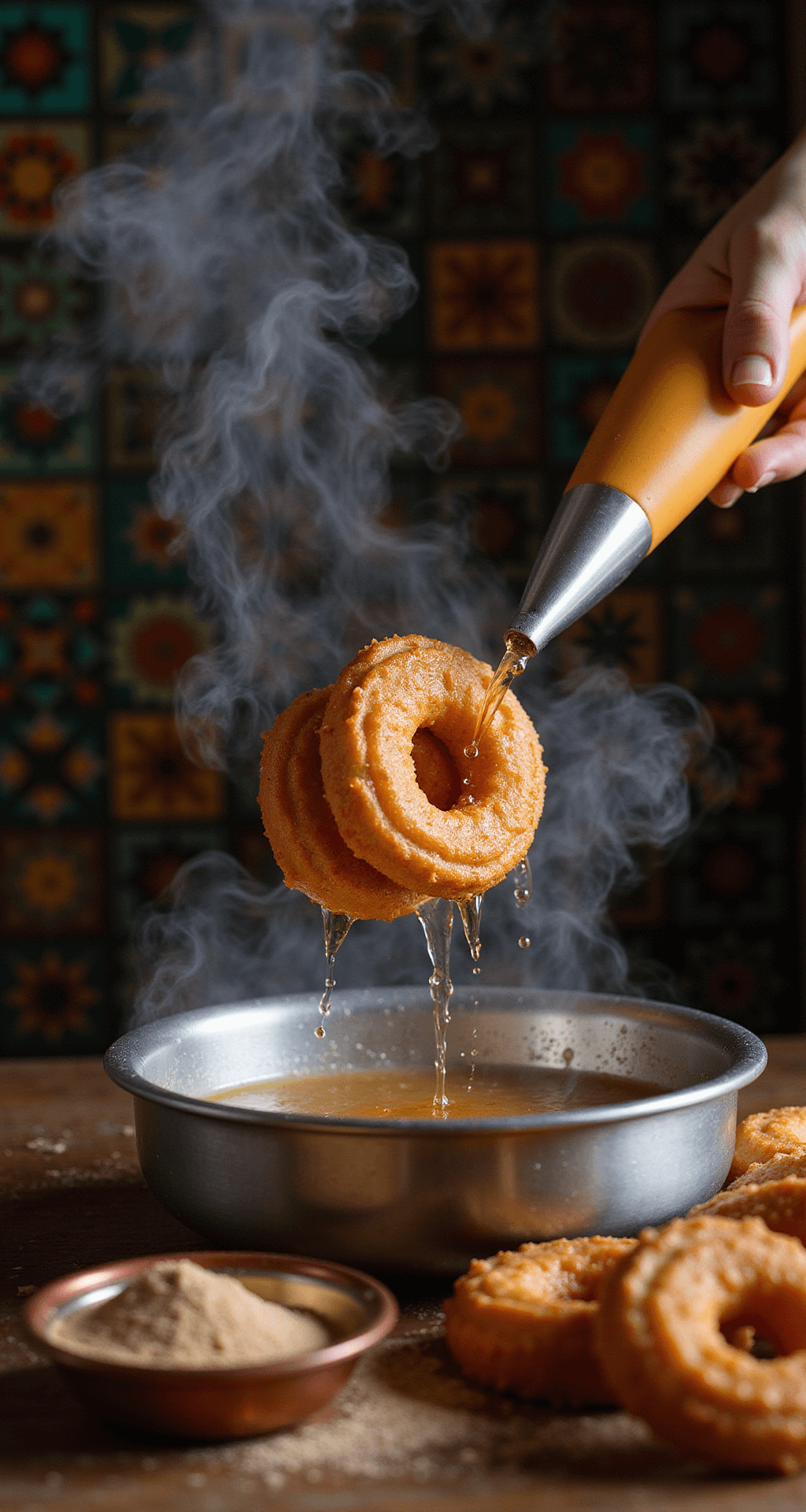 Dynamic shot of golden-brown churros being lifted from hot oil, with steam rising against a dark background; cinnamon sugar glistens in a copper bowl and a colorful Mexican tile backsplash adds context.