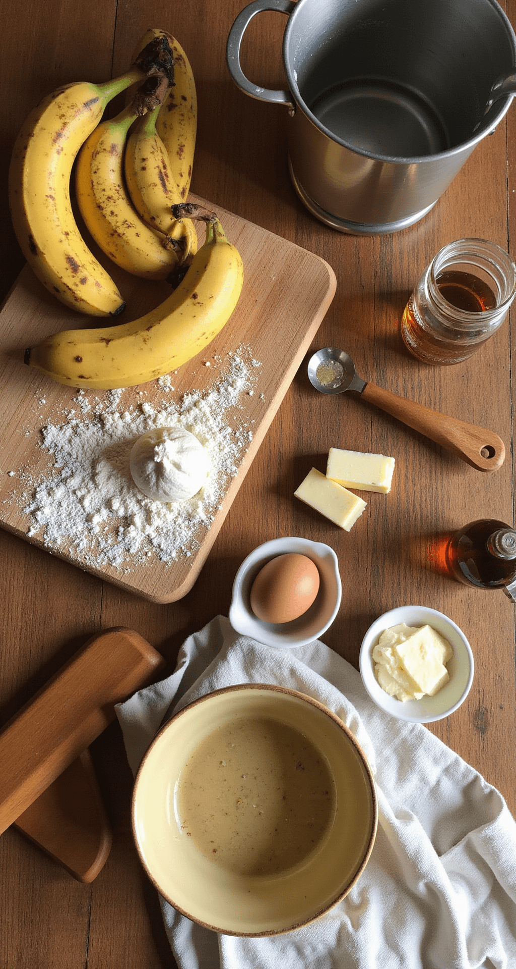 Overhead view of a rustic wooden kitchen counter with overripe bananas, a vintage mixing bowl, potato masher, measuring cups, melted butter, eggs, and vanilla extract, all set in warm natural light, creating a cozy baking atmosphere.