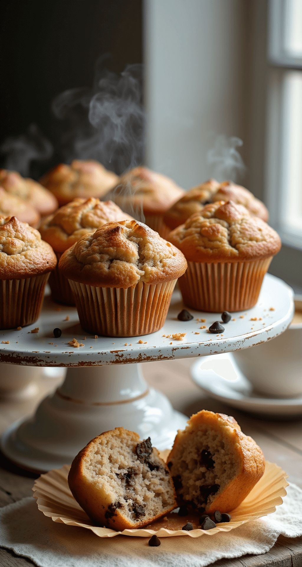 Close-up of golden-brown banana muffins on a white ceramic cake stand, with steam rising, some muffins split open showing a moist crumb with chocolate chips and walnuts, accompanied by a vintage tea towel and steaming coffee cup in warm morning light.