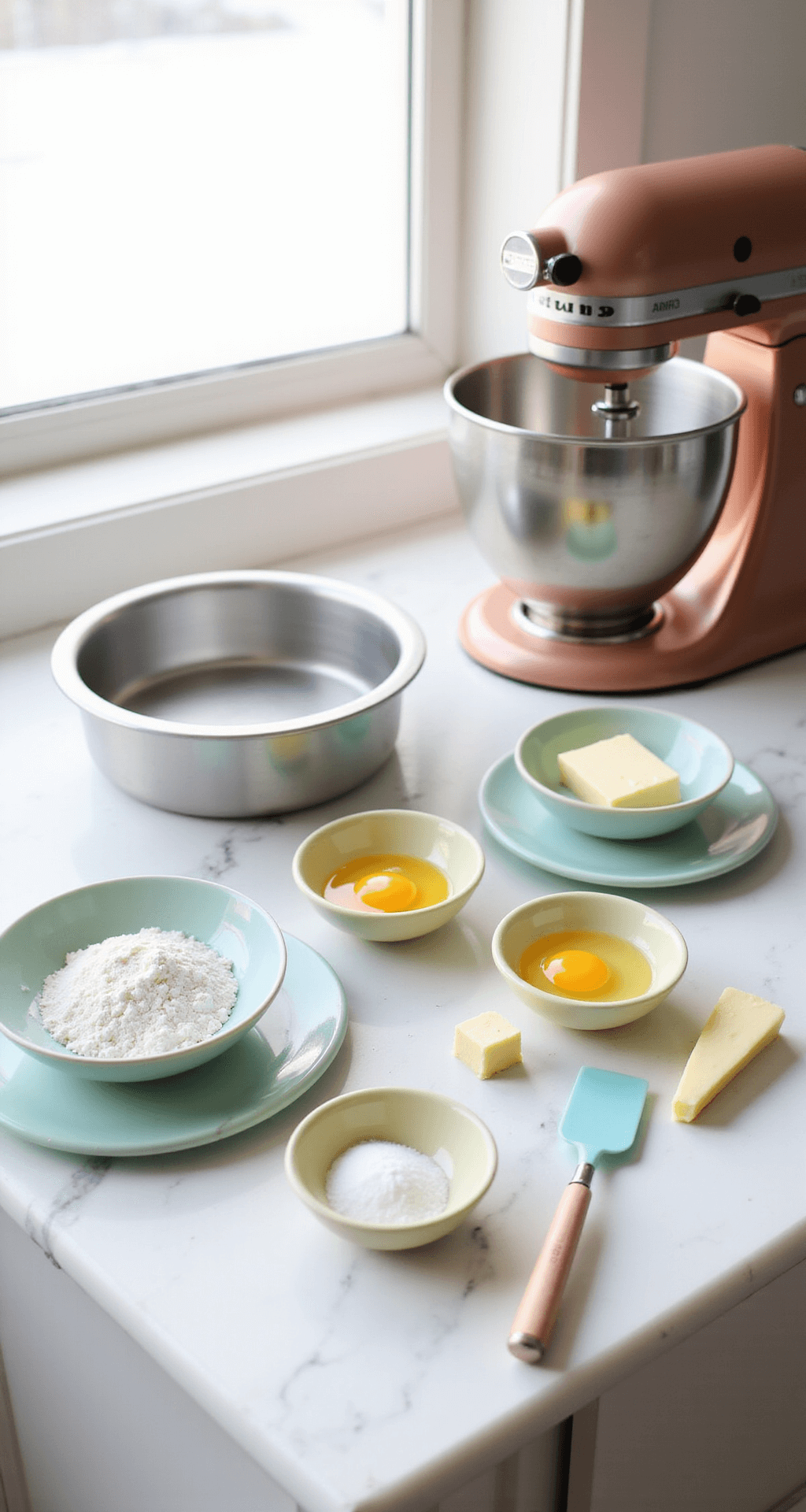 A sunlit kitchen workspace featuring neatly arranged ingredients in pastel bowls, including flour, sugar, eggs, and butter, with a 4-inch round cake pan, a rose gold electric mixer, and a pale blue offset spatula on a clean marble countertop.