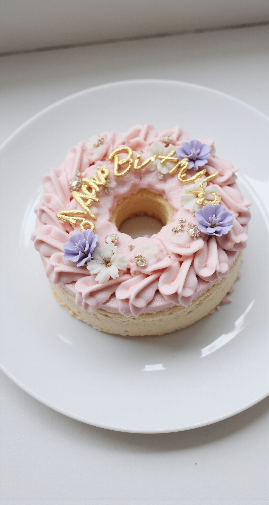 A beautifully styled mini celebration cake on a white ceramic plate, featuring pastel pink buttercream swirls, lavender and white piped flowers, metallic sprinkles, and a golden 'Happy Birthday' message, photographed at a 45-degree angle with soft lighting.