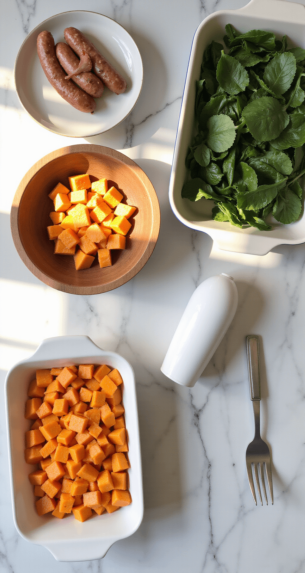 Overhead view of a marble kitchen counter with vibrant diced sweet potatoes in a wooden bowl, farm-fresh eggs in a ceramic dish, green spinach leaves, artisanal breakfast sausage, and a pristine casserole dish, all bathed in natural morning light.